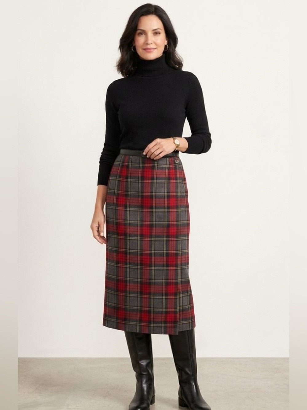 Talbots Sz 8 Wrap Midi Skirt Red Black Tartan Plaid Wool Classy Old Money Preppy